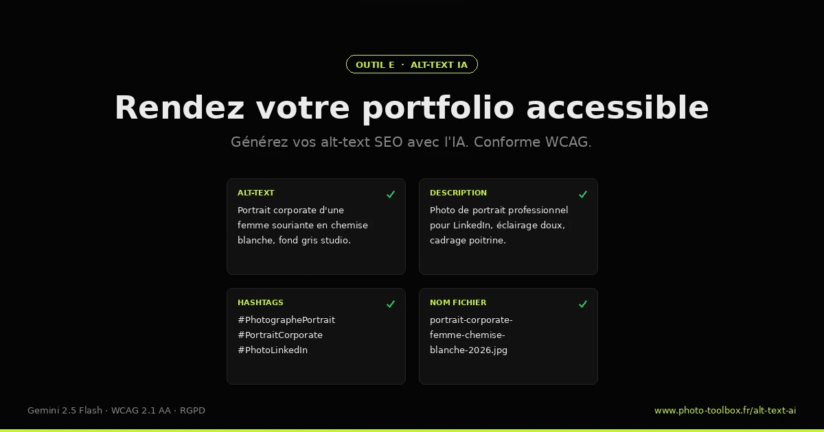 Aperçu du générateur d'alt-text AI Photo Toolbox : descriptions SEO automatiques pour photographes