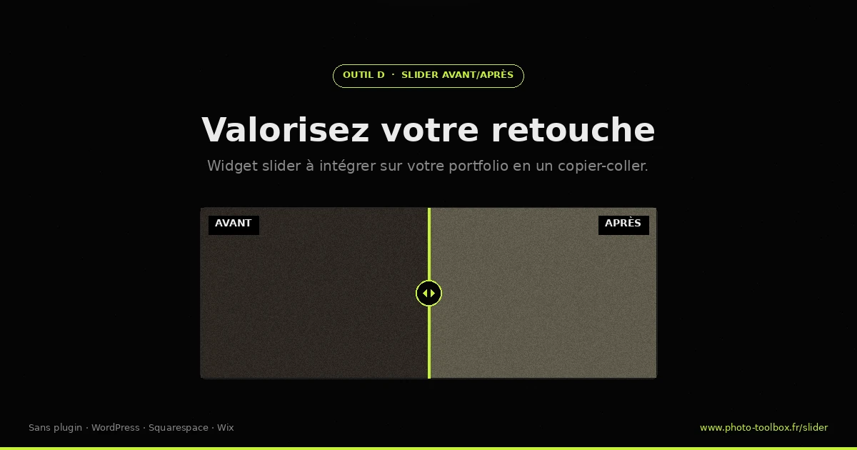 Aperçu du slider avant/après Photo Toolbox : widget embeddable pour portfolio photographe